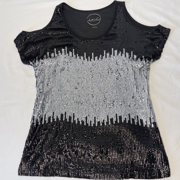 INC International Concepts Cold Shoulder Sequin Top Small Black/Silver - Picture 8 of 13
